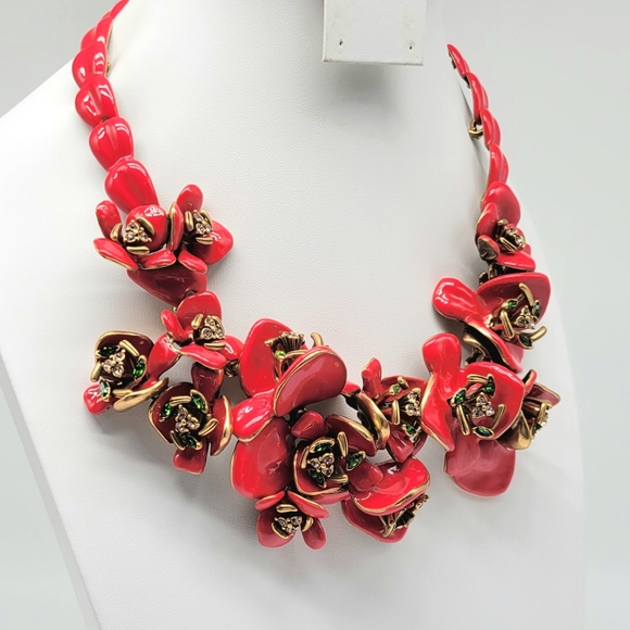 Oscar de la Renta COUTURE red enamel + Swarovski Crystal flower statement piece - Picture 10 of 14